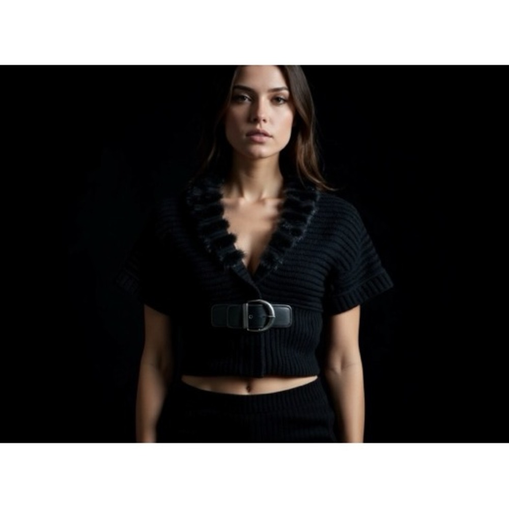 Women's Black Cropped Cardigan Sweater with Fur Trim & Belt XL whimsygoth, punk